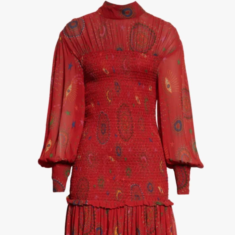 NWT $310 FARM Rio Mystic Night Print Smocked Long Sleeve Dress in Medium! - Picture 7 of 13